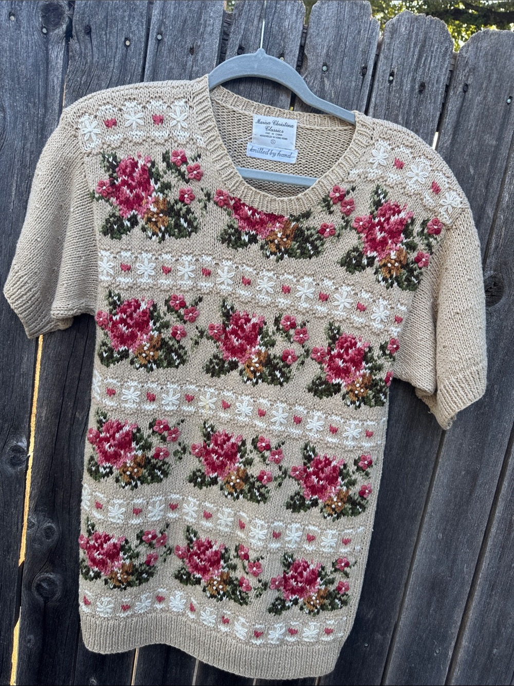Marisa Christina Beige Knit Crewneck Sweater with Pink Floral Motif
